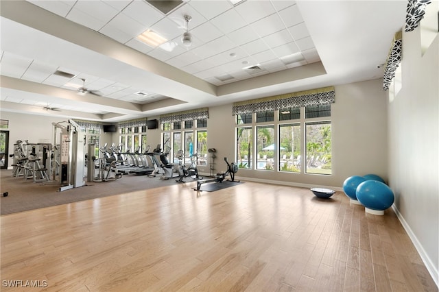 4437 Tamarind Way, Naples, FL 34119 - exercise room featuring a tray ceiling, baseboards, wood finished floors, and ceiling fan