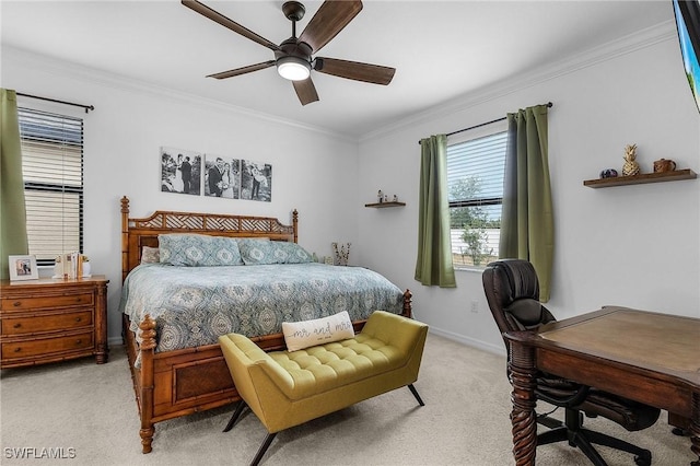 14634 Cantabria Dr, Fort Myers, FL 33905 - bedroom featuring baseboards, ornamental molding, ceiling fan, and light colored carpet