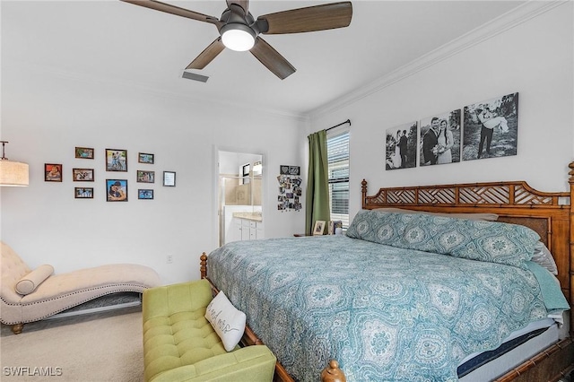 14634 Cantabria Dr, Fort Myers, FL 33905 - bedroom with visible vents, crown molding, carpet flooring, a ceiling fan, and connected bathroom