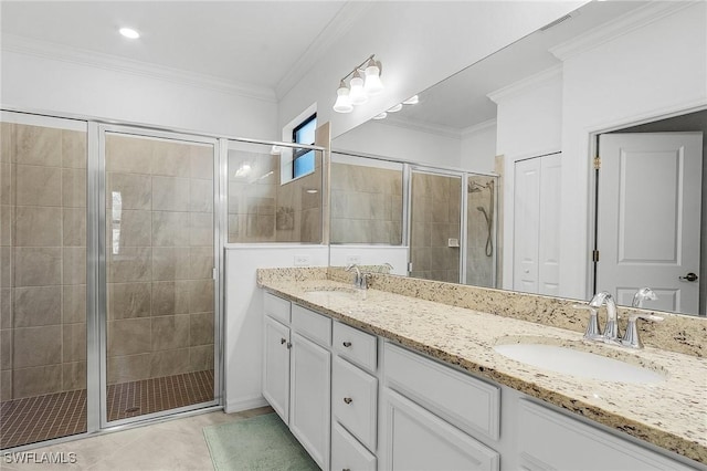 14634 Cantabria Dr, Fort Myers, FL 33905 - full bath with a shower stall, ornamental molding, double vanity, and a sink