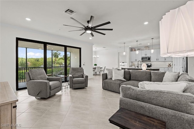 11792 Grand Belvedere Way Unit 202, Fort Myers, FL 33913 - living area with light tile patterned flooring, a ceiling fan, visible vents, and recessed lighting