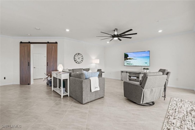 11792 Grand Belvedere Way Unit 202, Fort Myers, FL 33913 - living area with a barn door, a ceiling fan, recessed lighting, ornamental molding, and baseboards