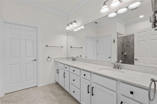 11792 Grand Belvedere Way Unit 202, Fort Myers, FL 33913 - bathroom featuring ornamental molding, a stall shower, and double vanity