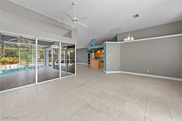 15461 River Cove Ct, North Fort Myers, FL 33917 - interior space featuring visible vents, baseboards, ceiling fan with notable chandelier, and high vaulted ceiling