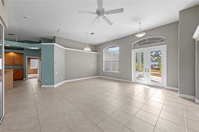 15461 River Cove Ct, North Fort Myers, FL 33917 - unfurnished living room with a ceiling fan, french doors, light tile patterned floors, baseboards, and visible vents