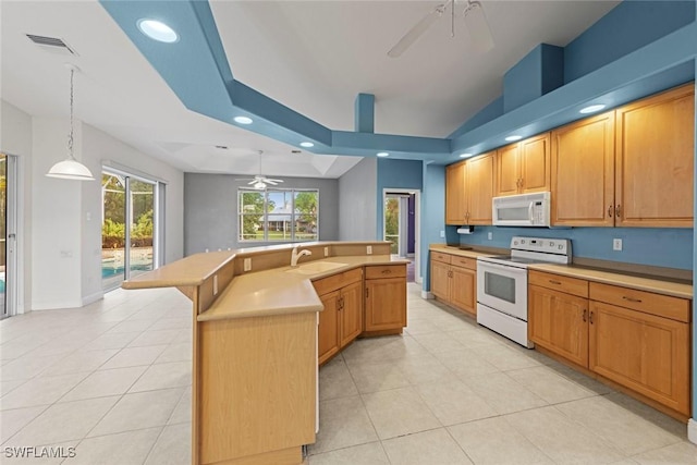 15461 River Cove Ct, North Fort Myers, FL 33917 - kitchen featuring a sink, white appliances, visible vents, ceiling fan, and light tile patterned floors