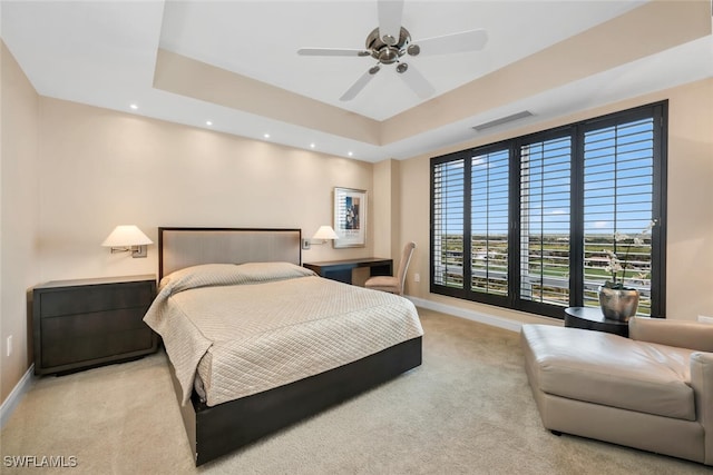 bedroom with carpet, visible vents, baseboards, and recessed lighting