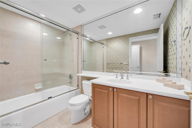 full bath with toilet, visible vents, vanity, and wallpapered walls