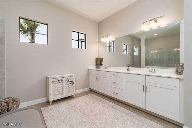 bathroom featuring baseboards, a wealth of natural light, double vanity, and a sink