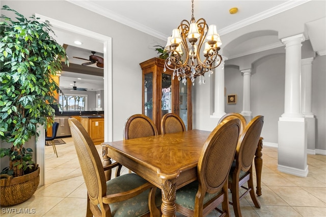 11239 Bienvenida Ct Unit 11C, Fort Myers, FL 33908 - dining area with ceiling fan, light tile patterned floors, ornamental molding, ornate columns, and a chandelier