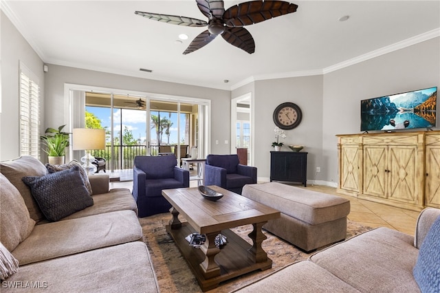 11239 Bienvenida Ct Unit 11C, Fort Myers, FL 33908 - tiled living area with ceiling fan, crown molding, and baseboards
