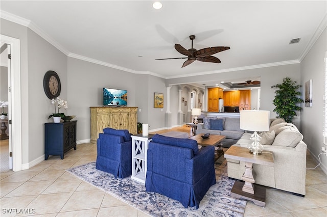 11239 Bienvenida Ct Unit 11C, Fort Myers, FL 33908 - living area with a ceiling fan, light tile patterned floors, ornamental molding, and baseboards