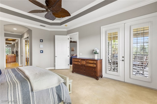 11239 Bienvenida Ct Unit 11C, Fort Myers, FL 33908 - bedroom with access to exterior, arched walkways, light colored carpet, french doors, and crown molding