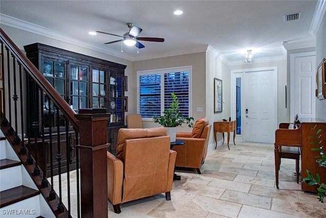 3599 Beaufort Ct, Naples, FL 34119 - living area featuring stairs, ceiling fan, ornamental molding, stone tile flooring, and baseboards