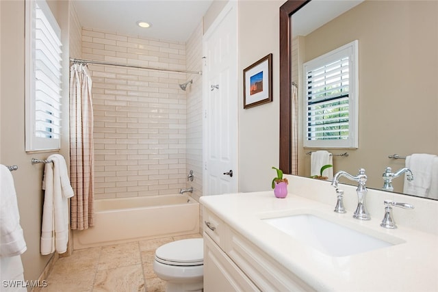 3599 Beaufort Ct, Naples, FL 34119 - full bathroom with shower / tub combo with curtain, toilet, vanity, baseboards, and recessed lighting