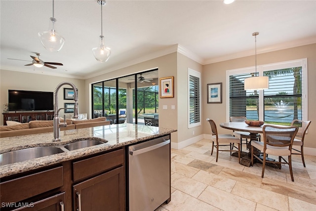 3599 Beaufort Ct, Naples, FL 34119 - kitchen with dishwasher, a ceiling fan, a sink, crown molding, and baseboards