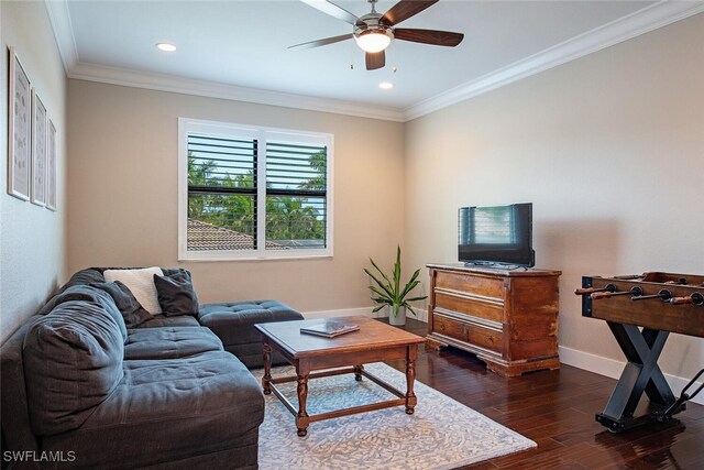 3599 Beaufort Ct, Naples, FL 34119 - living area with dark wood-style flooring, ornamental molding, baseboards, ceiling fan, and recessed lighting