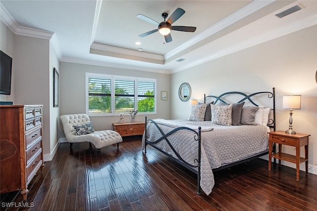 3599 Beaufort Ct, Naples, FL 34119 - bedroom with a tray ceiling, dark wood finished floors, ornamental molding, baseboards, and ceiling fan