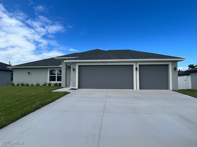 4334 SW 9th Pl, Cape Coral, FL 33914 - view of front of house with driveway, an attached garage, stucco siding, a front yard, and roof with shingles