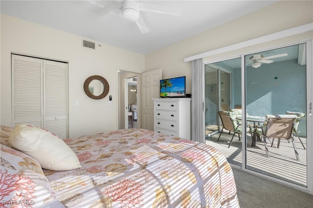carpeted bedroom featuring access to outside, ceiling fan, and a closet