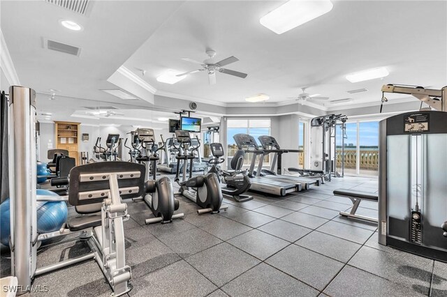 4137 Bay Beach Ln Unit 585, Fort Myers Beach, FL 33931 - exercise room featuring crown molding, visible vents, and ceiling fan