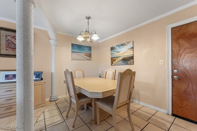 dining area with ornamental molding, light tile patterned flooring, a chandelier, and baseboards
