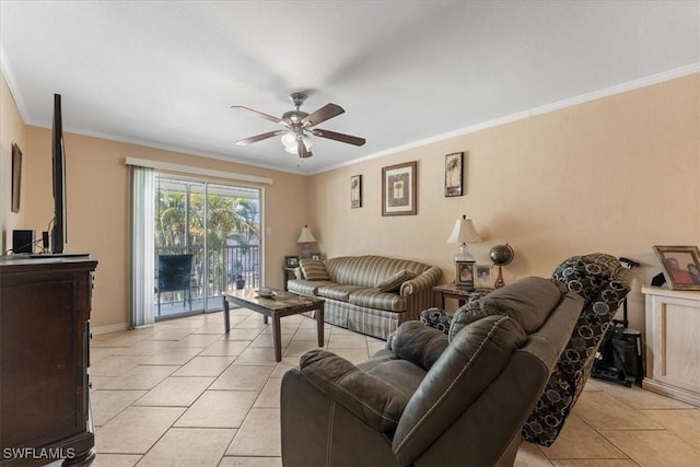 living area with crown molding, light tile patterned floors, and ceiling fan