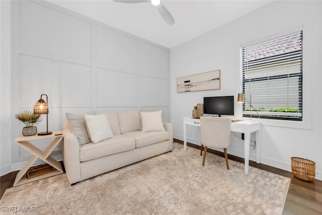 28009 Foxrock Ct, Bonita Springs, FL 34135 - office area featuring ceiling fan, baseboards, and wood finished floors