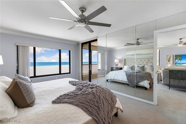100 N Collier Blvd Unit 507, Marco Island, FL 34145 - bedroom featuring crown molding, carpet floors, access to outside, a water view, and ceiling fan