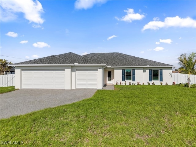 view of front of home with decorative driveway, stucco siding, fence, and a garage