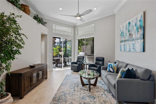 living room with crown molding, light tile patterned flooring, a ceiling fan, and recessed lighting