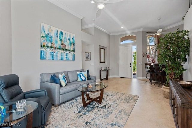 living room with a ceiling fan, crown molding, recessed lighting, and baseboards