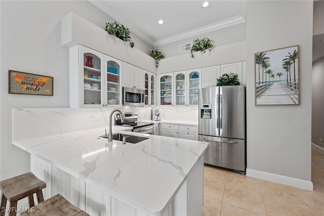 kitchen with stainless steel appliances, a peninsula, light stone countertops, crown molding, and a sink
