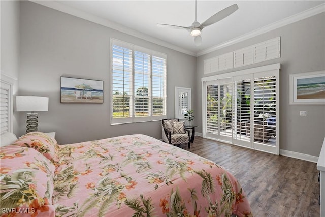 bedroom with crown molding, baseboards, wood finished floors, multiple windows, and access to outside