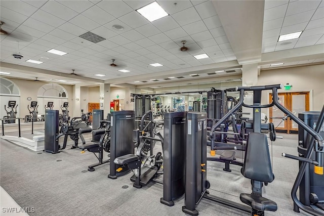 exercise room with carpet floors and a paneled ceiling