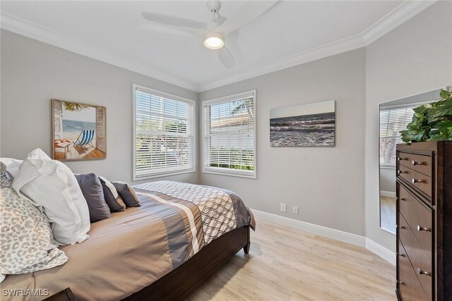 8540 Pepper Tree Way, Naples, FL 34114 - bedroom featuring ornamental molding, light wood-style flooring, baseboards, and ceiling fan