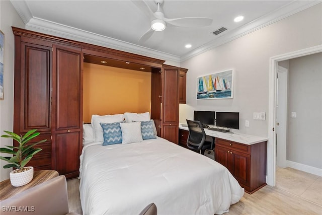 bedroom featuring ornamental molding, baseboards, an office area, ceiling fan, and recessed lighting