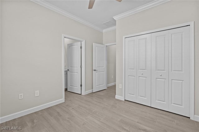 19402 Hinkley Dr, Estero, FL 33928 - unfurnished bedroom with crown molding, light wood finished floors, baseboards, a closet, and ceiling fan