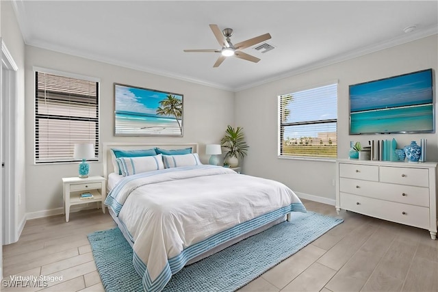 19402 Hinkley Dr, Estero, FL 33928 - bedroom featuring baseboards, crown molding, light wood finished floors, and ceiling fan