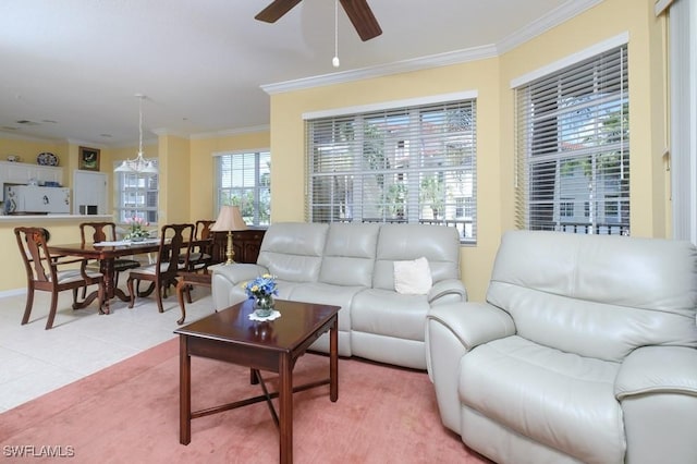 4873 Hampshire Ct Unit 5-101, Naples, FL 34112 - living area featuring ornamental molding, ceiling fan, and light tile patterned flooring