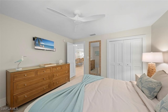 bedroom featuring a closet, visible vents, and a ceiling fan