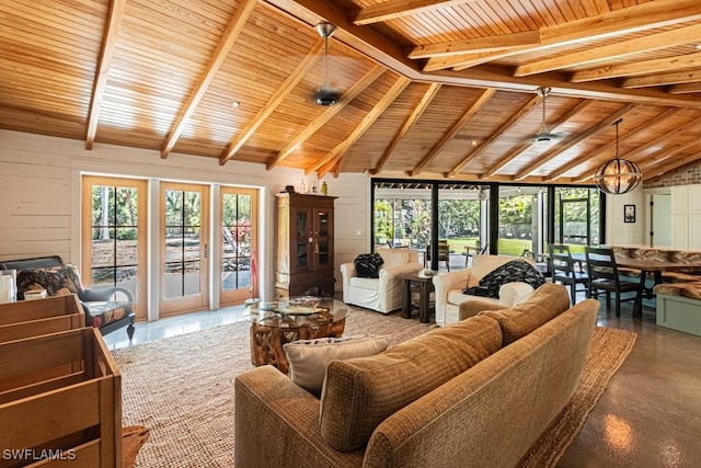 living area featuring wooden ceiling, plenty of natural light, and a chandelier