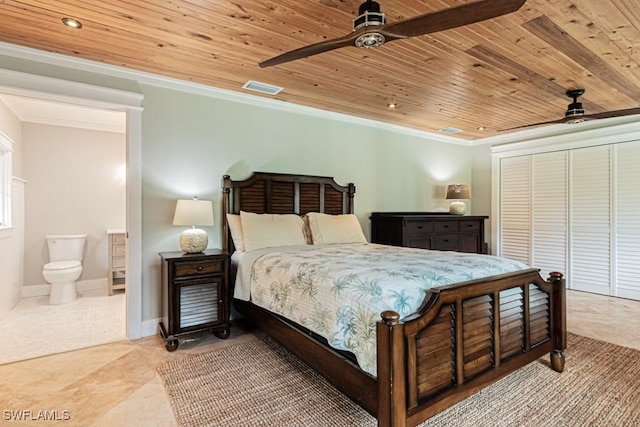 bedroom with wood ceiling, ceiling fan, crown molding, a closet, and ensuite bath
