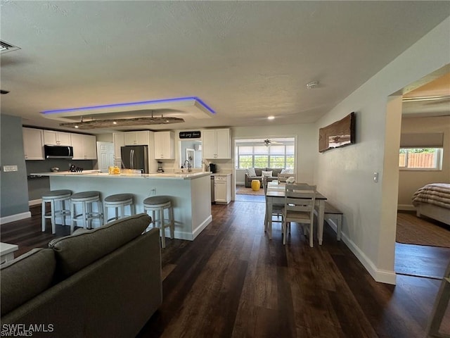 kitchen featuring stainless steel appliances, open floor plan, dark wood-type flooring, and white cabinetry
