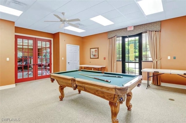 playroom with carpet floors, french doors, ceiling fan, billiards, and baseboards