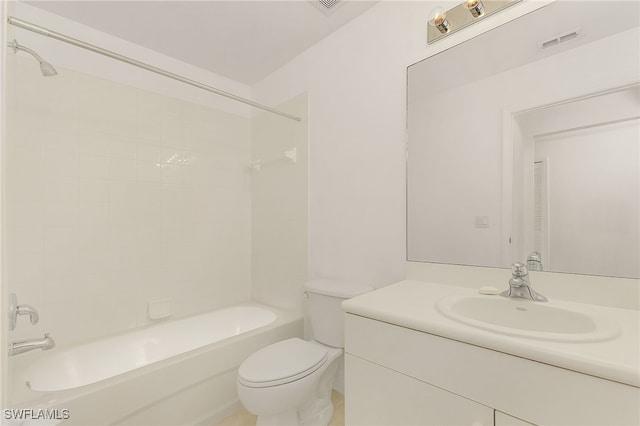 bathroom with toilet, bathing tub / shower combination, and vanity