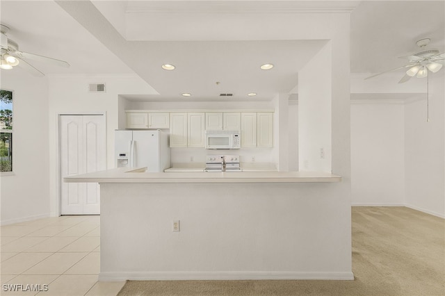 kitchen with ceiling fan, white appliances, light countertops, baseboards, and recessed lighting