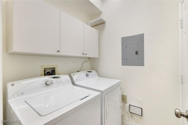 26271 Devonshire Ct Unit 202, Bonita Springs, FL 34134 - laundry area featuring electric panel, independent washer and dryer, and cabinet space