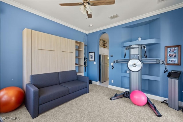 15411 Catalpa Cove Ln, Fort Myers, FL 33908 - workout area with carpet, a ceiling fan, visible vents, baseboards, and ornamental molding