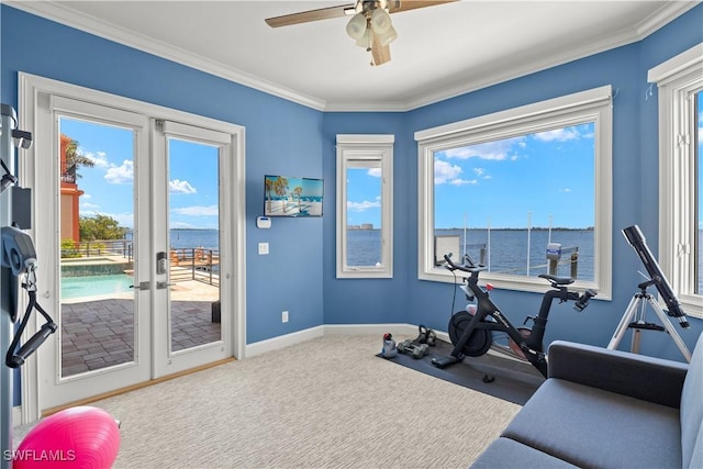 15411 Catalpa Cove Ln, Fort Myers, FL 33908 - workout area with a ceiling fan, french doors, baseboards, a water view, and crown molding